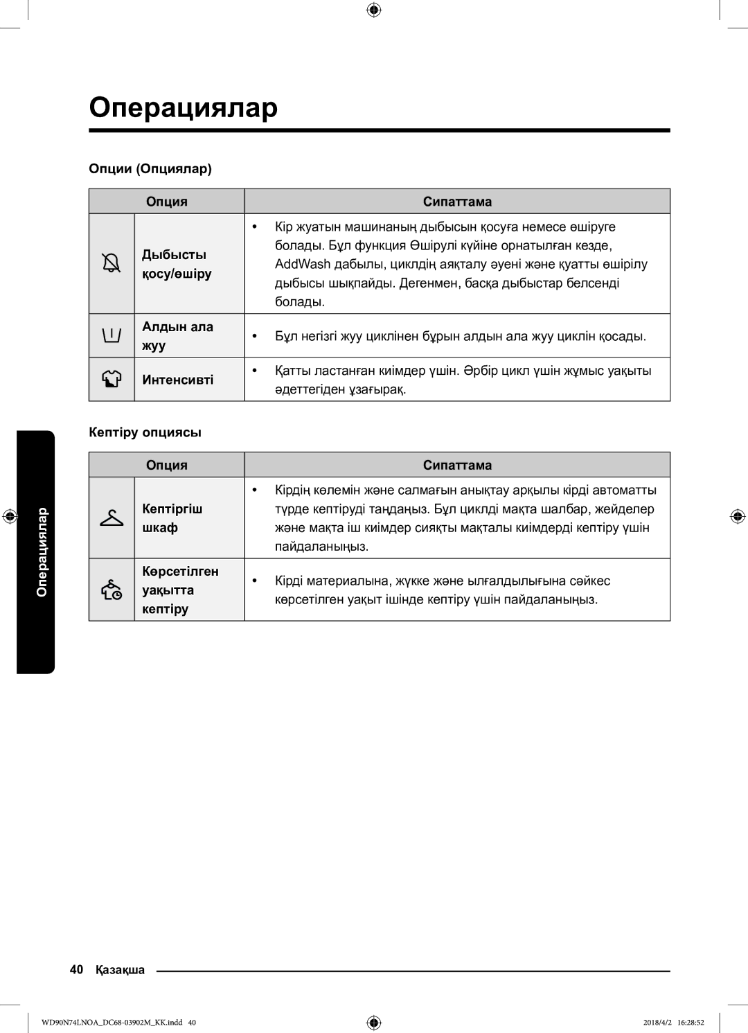 Samsung WD90N74LNOA/LP manual 40 Қазақша 